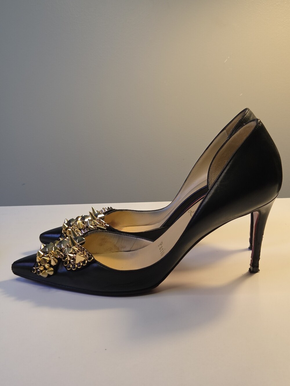 Christian Louboutin Black Pointed-Toe Studded Pumps with Gold Accents 36